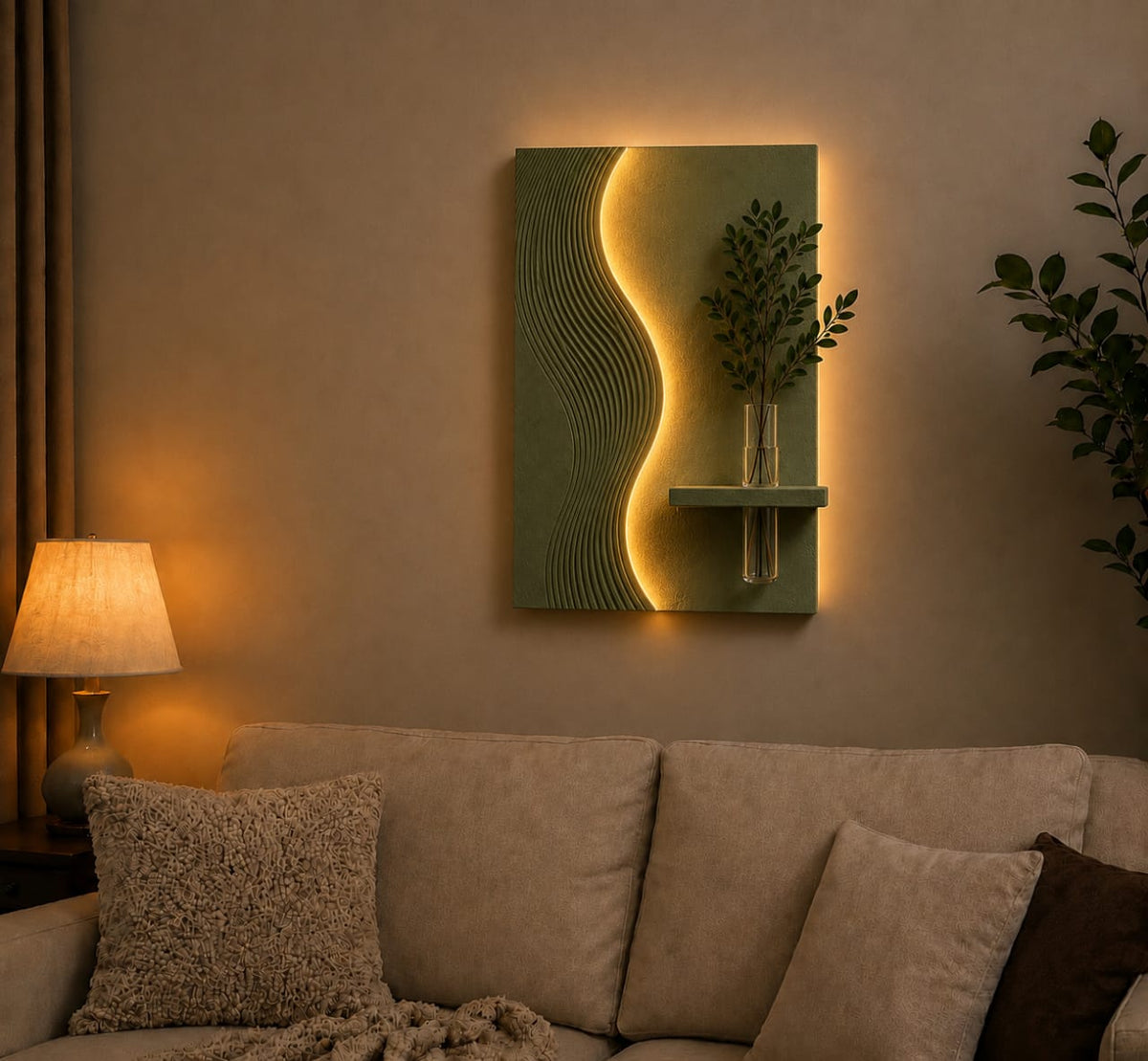 Modern Textured Wave LED Wall Decor with Vase Shelf | Minimalist Wall Art