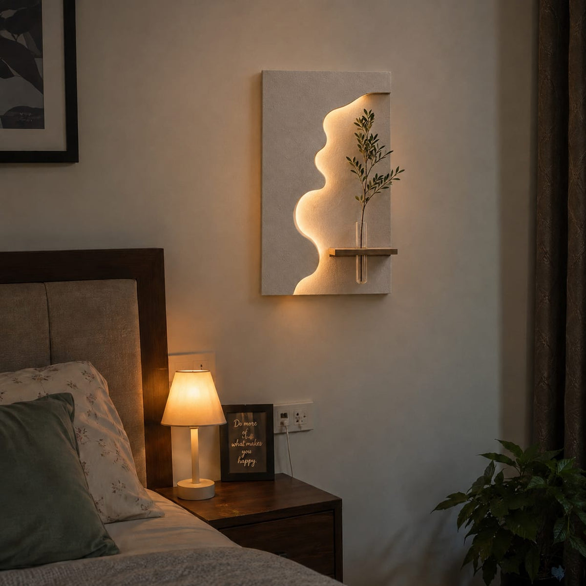 Modern Abstract LED Wall Decor with Wooden Vase Shelf | Minimalist Wall Art
