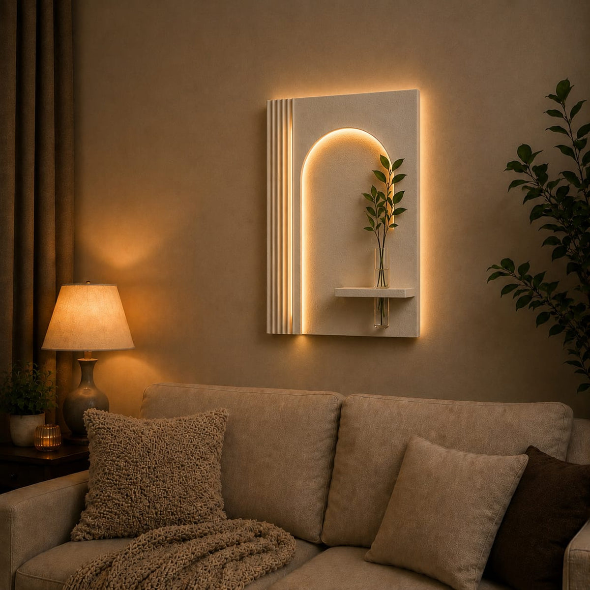 Modern LED Arch Wall Decor with Textured Panel & Vase Shelf | Minimalist Wall Art