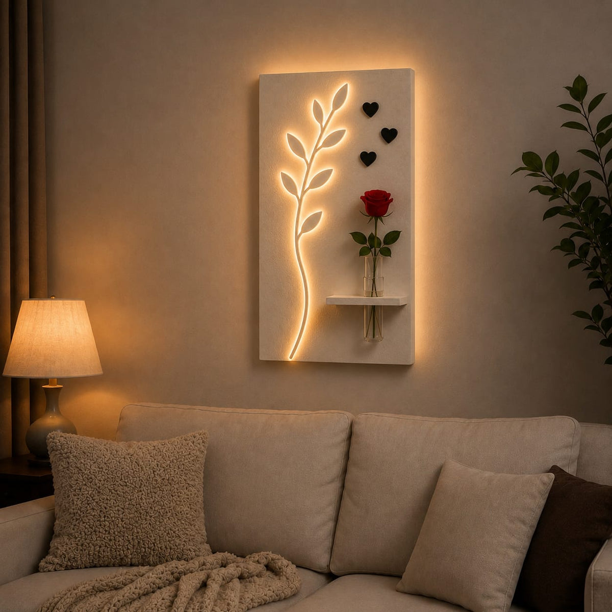 LED Leaf Wall Decor with Flower Vase Shelf | Modern Minimalist Wall Art