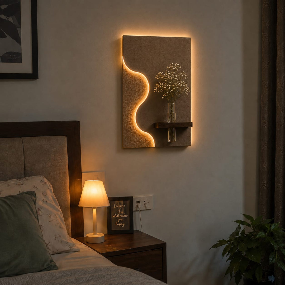 Modern Abstract Wave LED Wall Decor with Wooden Vase Shelf | Minimalist Wall Art