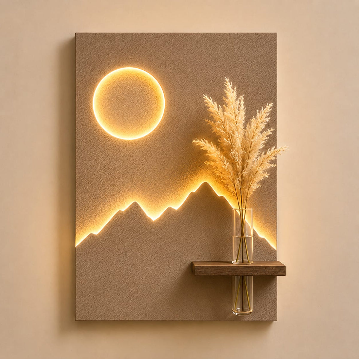 LED Mountain & Moon Wall Decor with Wooden Vase Shelf | Modern Minimalist Wall Art
