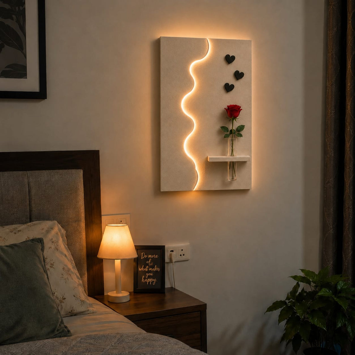 Modern Abstract LED Wall Decor with Wooden Vase Shelf | Minimalist Wall Art