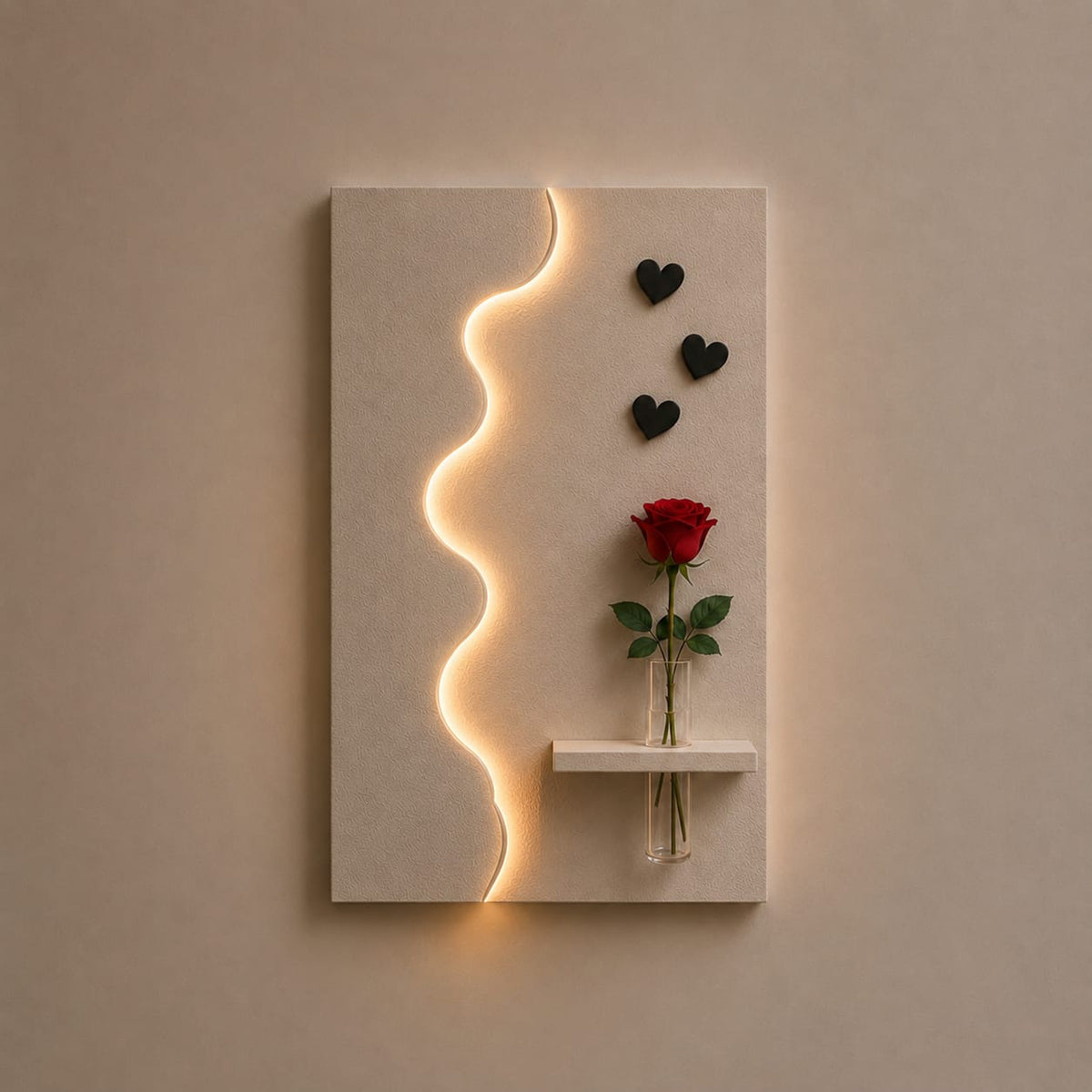 Modern Abstract LED Wall Decor with Wooden Vase Shelf | Minimalist Wall Art