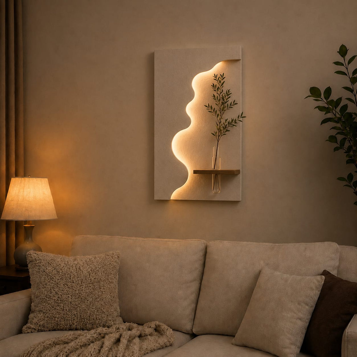 Modern Abstract LED Wall Decor with Wooden Vase Shelf | Minimalist Wall Art