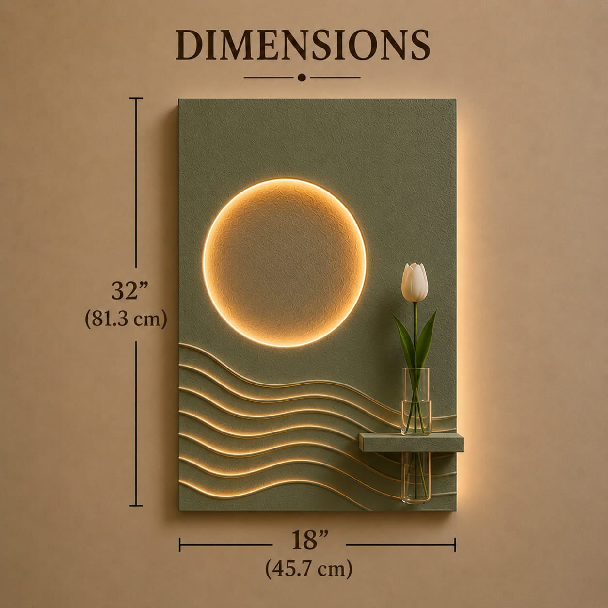 Modern LED Sun & Wave Wall Decor with Vase Shelf | Minimalist Wall Art