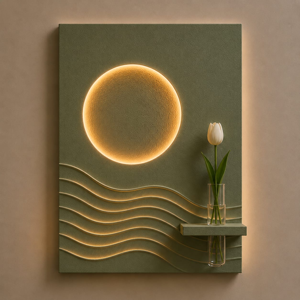 Modern LED Sun & Wave Wall Decor with Vase Shelf | Minimalist Wall Art