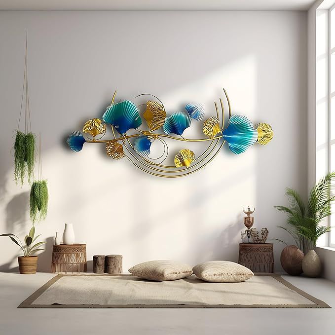Luxury Blue & Gold Ginkgo Leaf Metal Wall Art