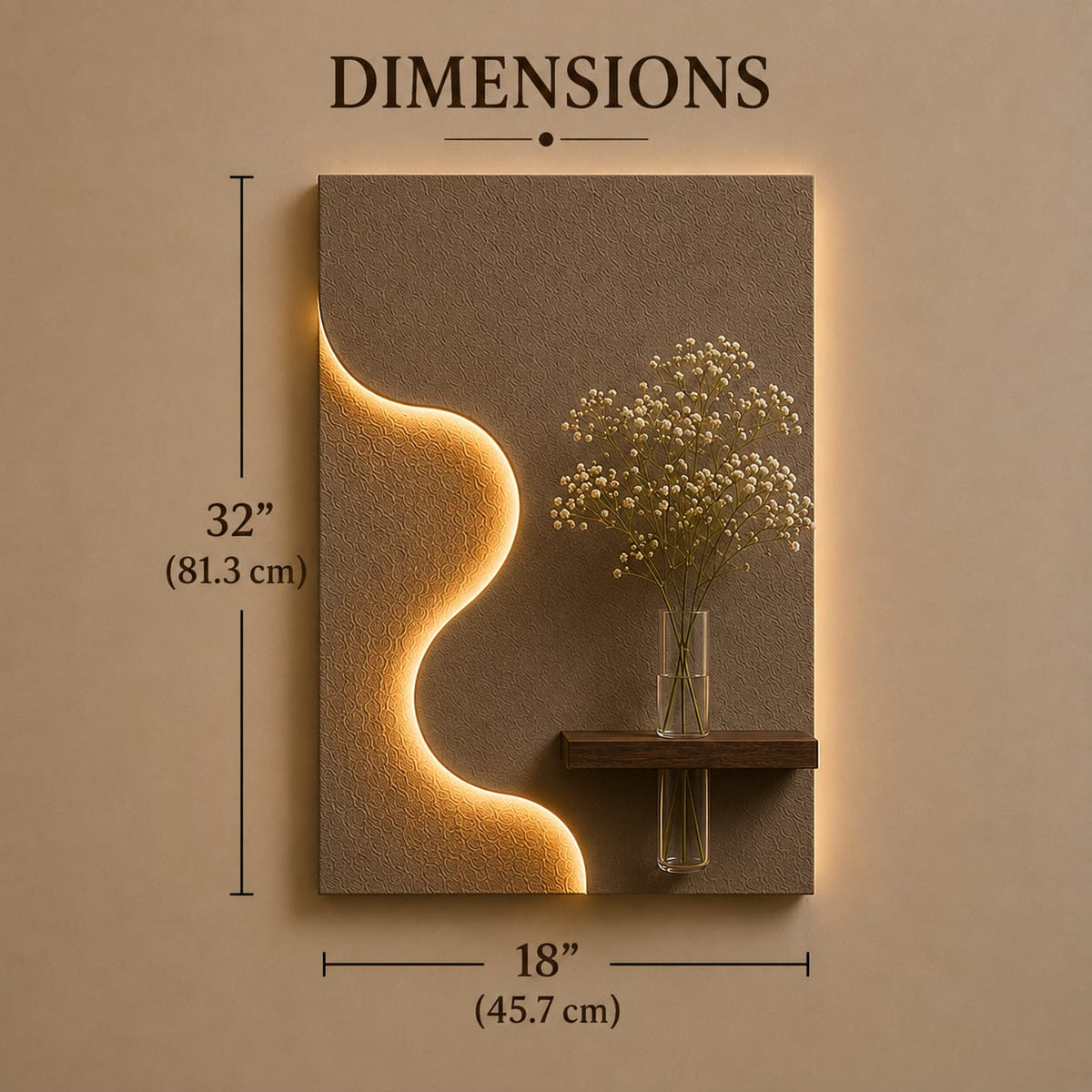 Modern Abstract Wave LED Wall Decor with Wooden Vase Shelf | Minimalist Wall Art