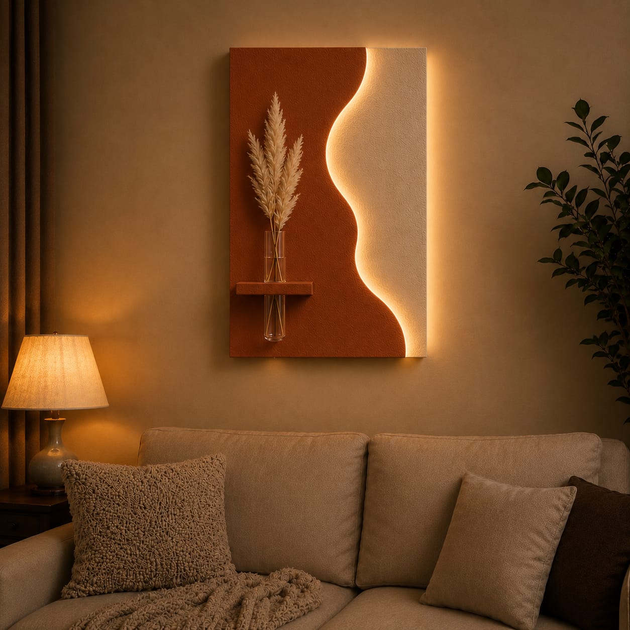 Modern Wave LED Wall Decor with Wooden Vase Shelf | Contemporary Minimalist Wall Art