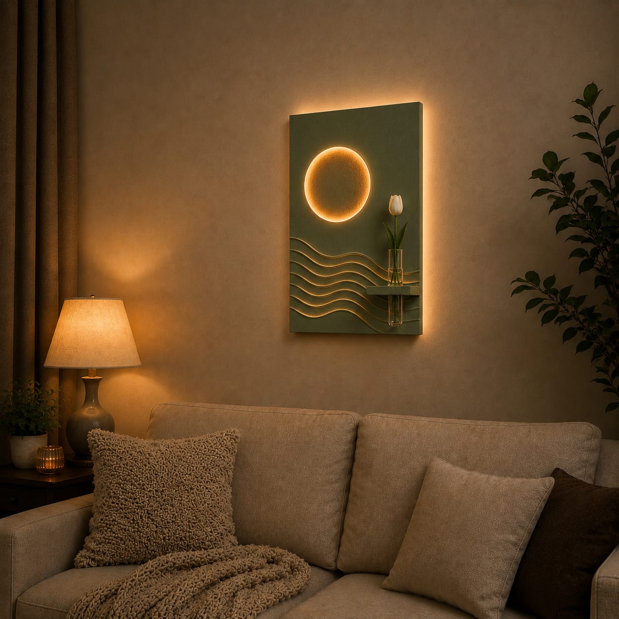 Modern LED Sun & Wave Wall Decor with Vase Shelf | Minimalist Wall Art