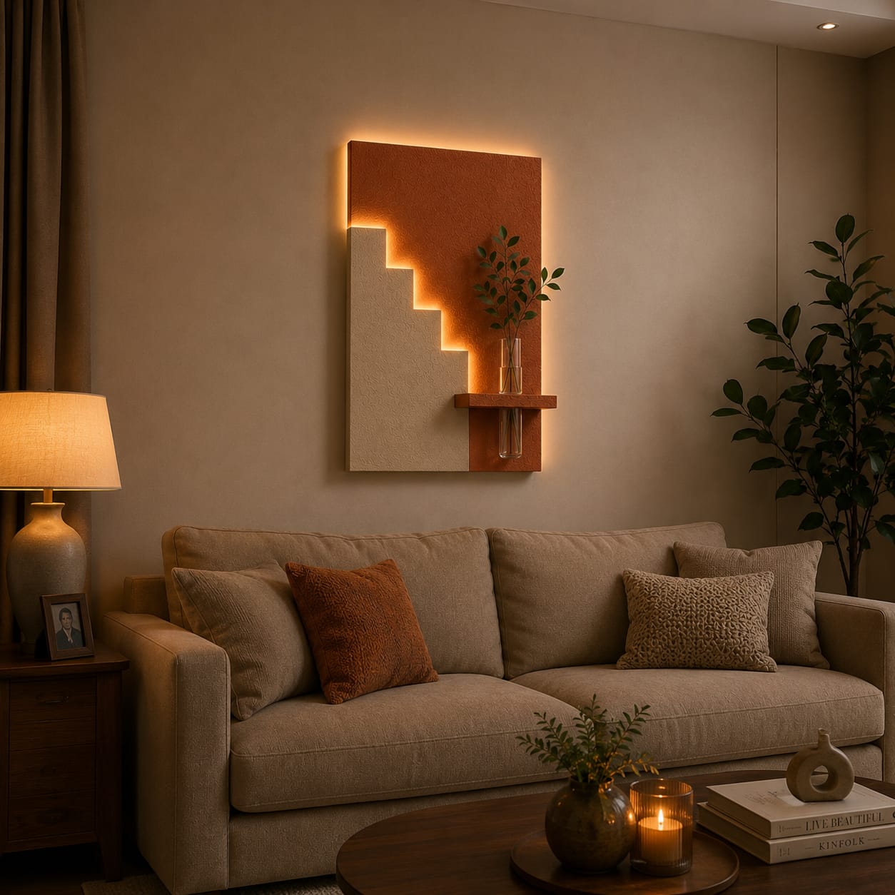 Modern Geometric LED Wall Decor with Wooden Vase Shelf | Contemporary Minimalist Wall Art