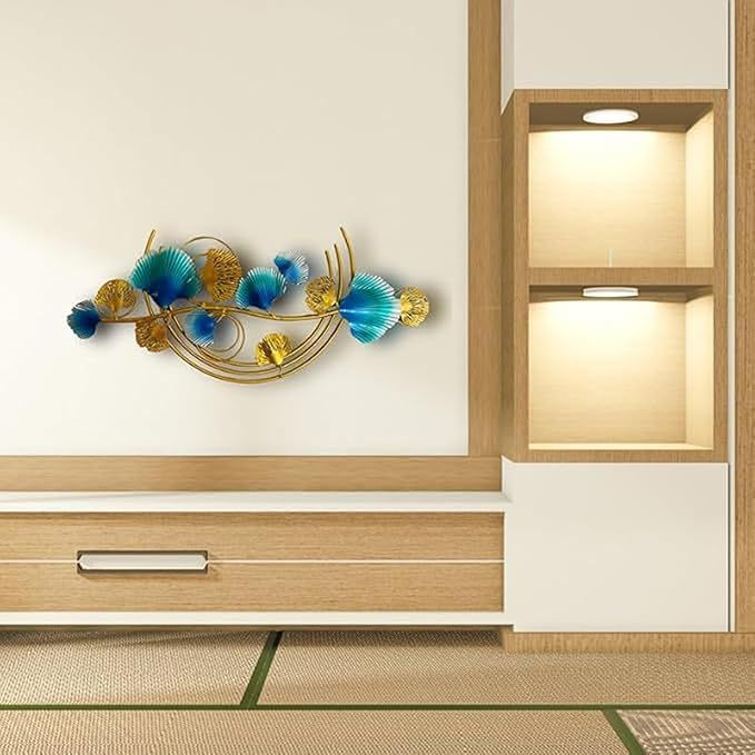 Luxury Blue & Gold Ginkgo Leaf Metal Wall Art