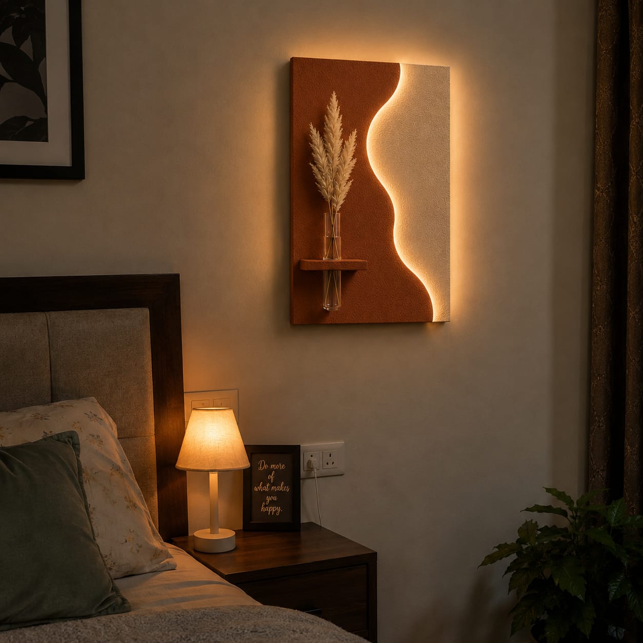 Modern Wave LED Wall Decor with Wooden Vase Shelf | Contemporary Minimalist Wall Art