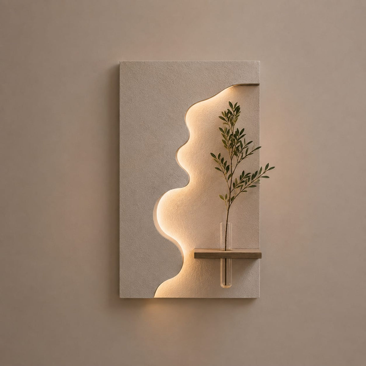 Modern Abstract LED Wall Decor with Wooden Vase Shelf | Minimalist Wall Art