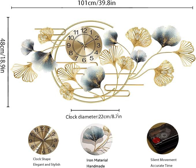 Luxury Ginkgo Leaf Metal Wall Clock | Modern Decorative Wall Art for Living Room