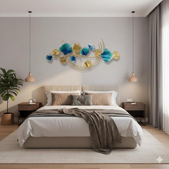Luxury Blue & Gold Ginkgo Leaf Metal Wall Art