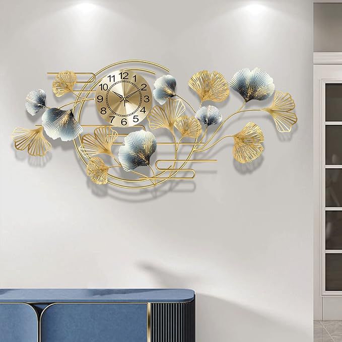 Luxury Ginkgo Leaf Metal Wall Clock | Modern Decorative Wall Art for Living Room