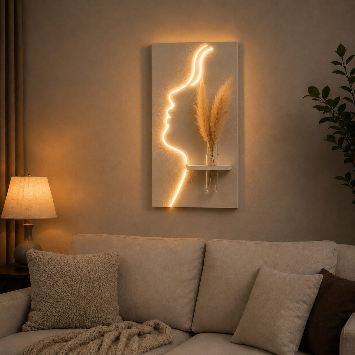LED Face Wall Decor with Flower Vase Shelf | Modern Minimalist Wall Art