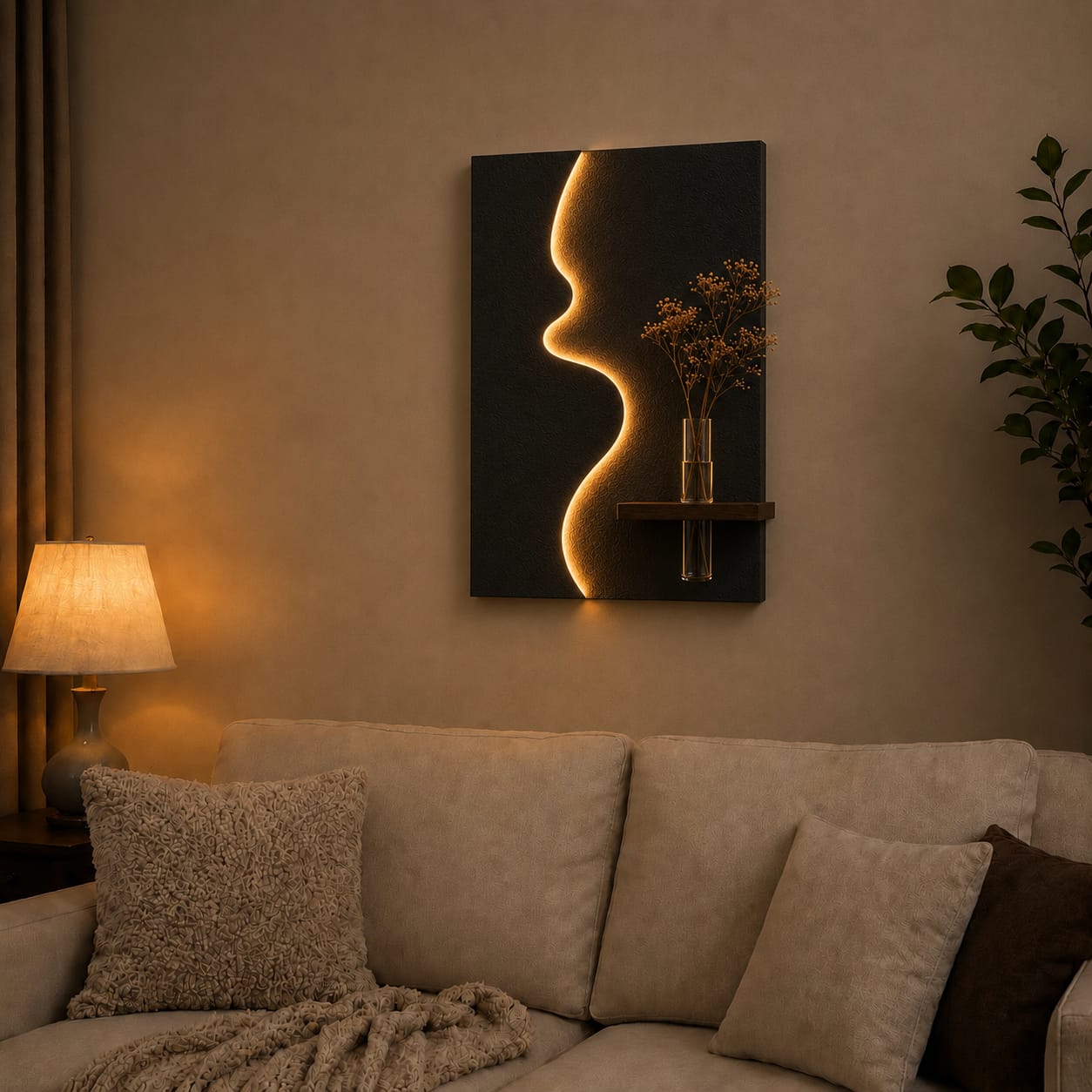 Modern Abstract Face LED Wall Decor with Wooden Vase Shelf | Minimalist Wall Art