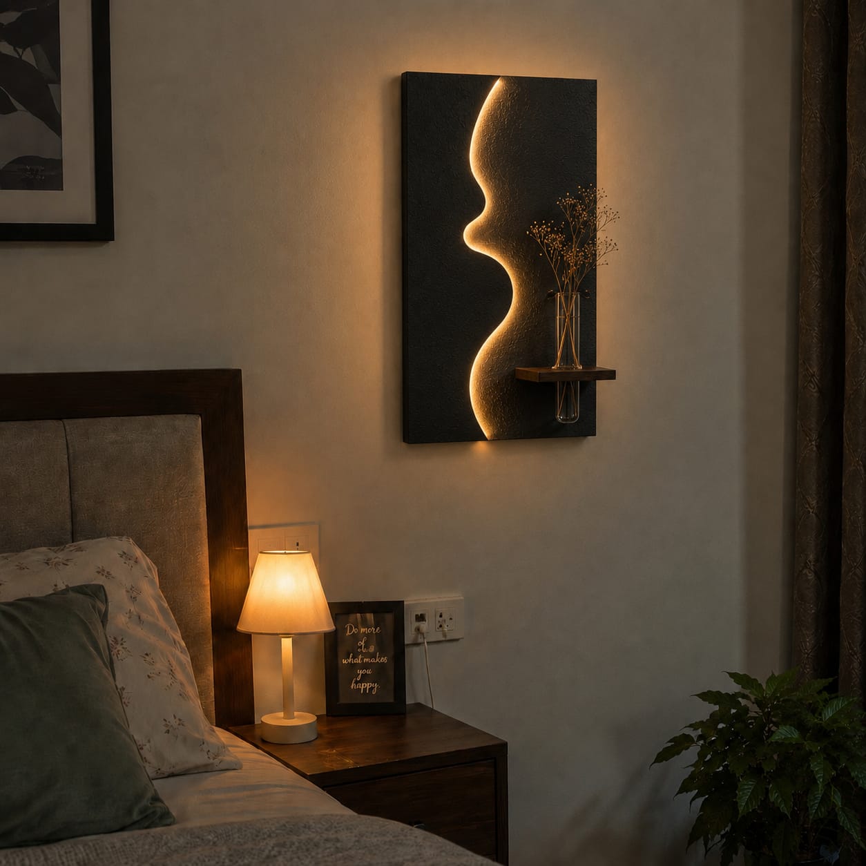 Modern Abstract Face LED Wall Decor with Wooden Vase Shelf | Minimalist Wall Art