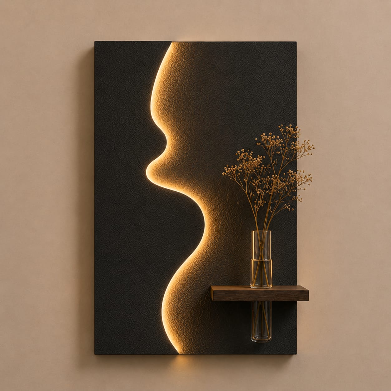 Modern Abstract Face LED Wall Decor with Wooden Vase Shelf | Minimalist Wall Art