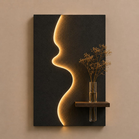 Modern Abstract Face LED Wall Decor with Wooden Vase Shelf | Minimalist Wall Art