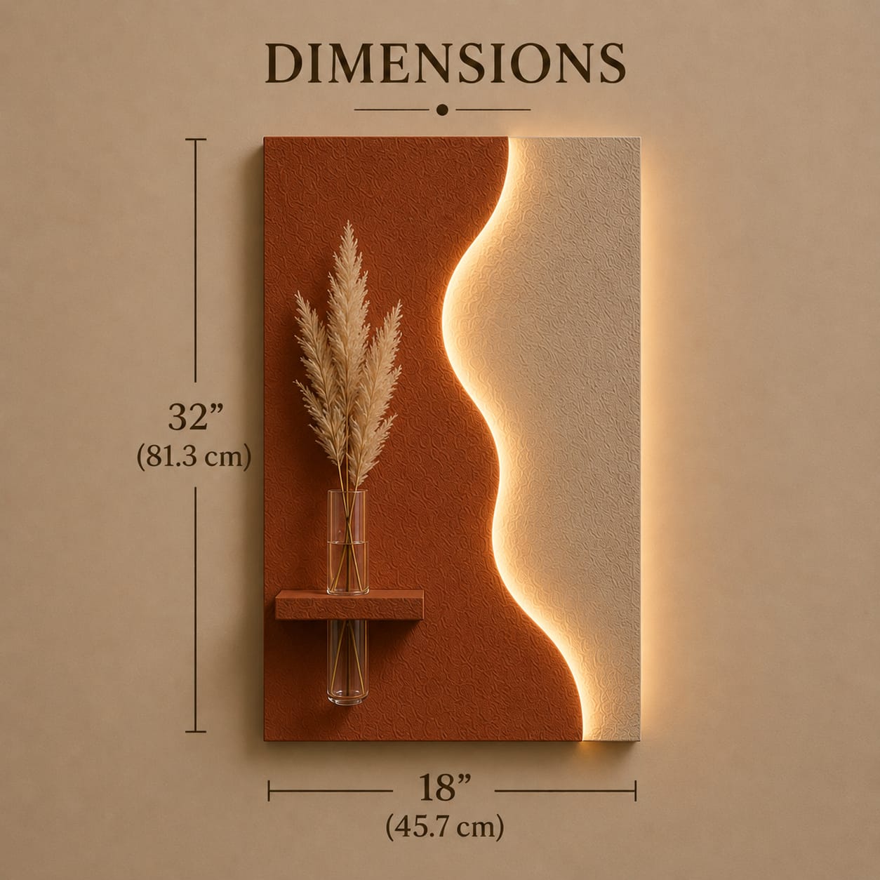 Modern Wave LED Wall Decor with Wooden Vase Shelf | Contemporary Minimalist Wall Art