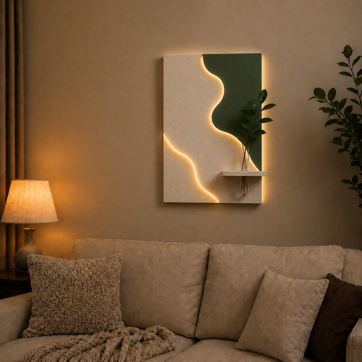 Modern Abstract LED Wall Decor with Vase Shelf | Contemporary Minimalist Wall Art