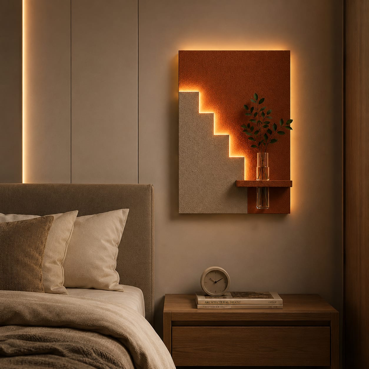 Modern Geometric LED Wall Decor with Wooden Vase Shelf | Contemporary Minimalist Wall Art