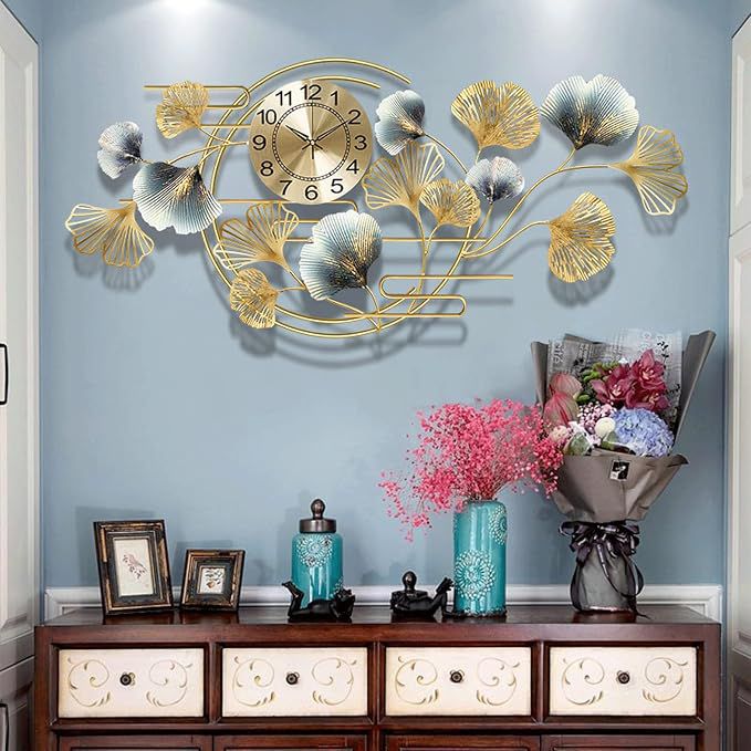 Luxury Ginkgo Leaf Metal Wall Clock | Modern Decorative Wall Art for Living Room