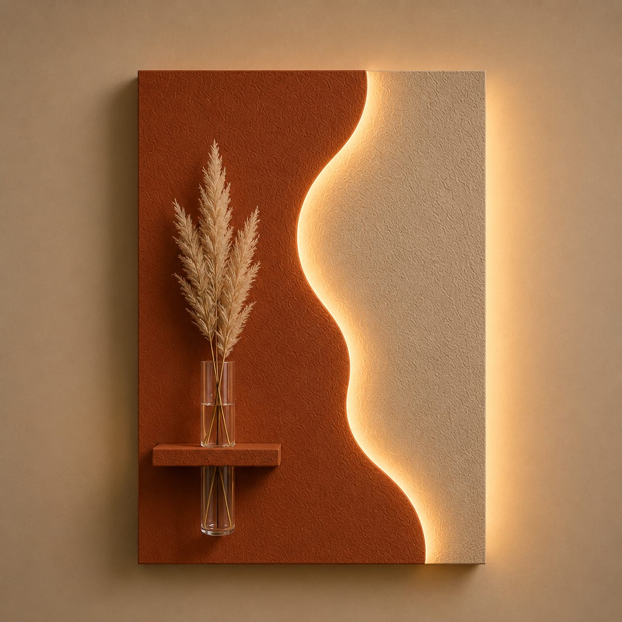 Modern Wave LED Wall Decor with Wooden Vase Shelf | Contemporary Minimalist Wall Art