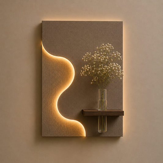 Modern Abstract Wave LED Wall Decor with Wooden Vase Shelf | Minimalist Wall Art