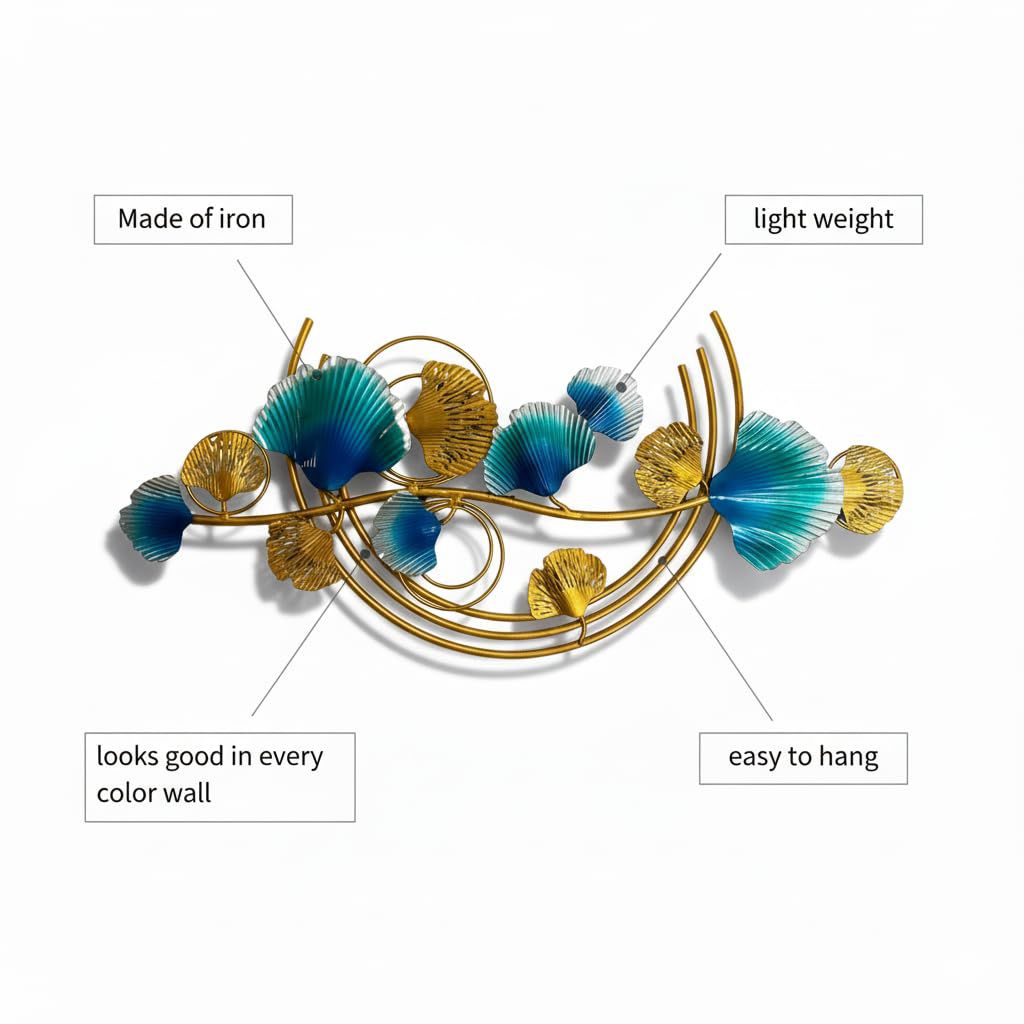 Luxury Blue & Gold Ginkgo Leaf Metal Wall Art