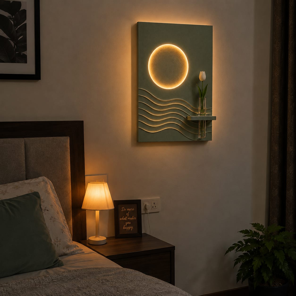 Modern LED Sun & Wave Wall Decor with Vase Shelf | Minimalist Wall Art