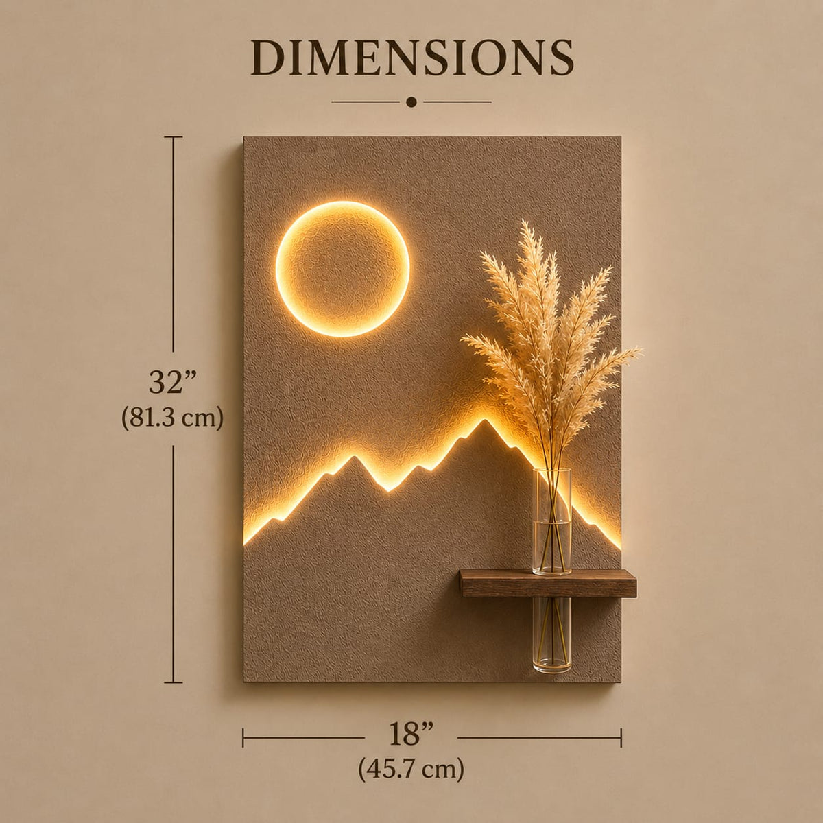 LED Mountain & Moon Wall Decor with Wooden Vase Shelf | Modern Minimalist Wall Art
