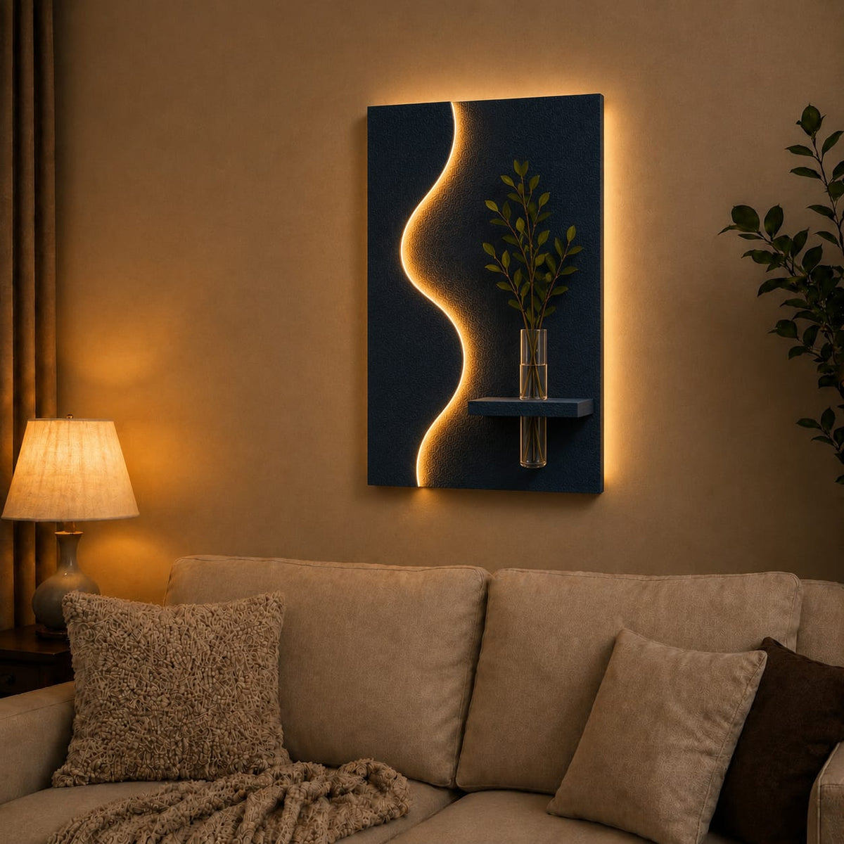 Modern Wave LED Wall Decor with Vase Shelf | Minimalist Wall Art