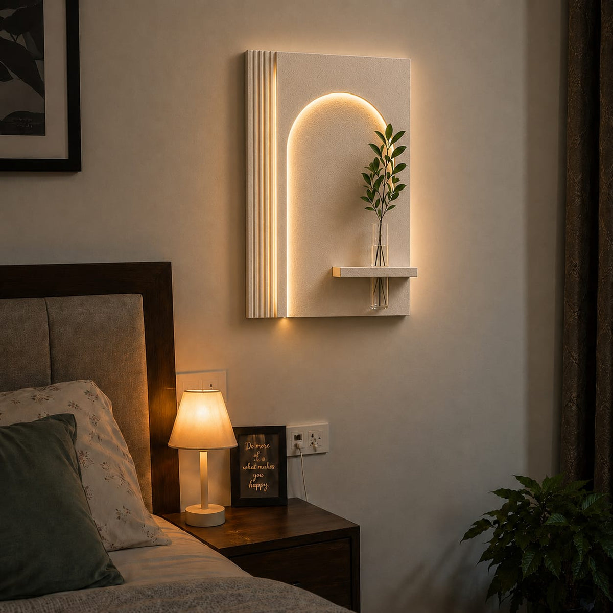 Modern LED Arch Wall Decor with Textured Panel & Vase Shelf | Minimalist Wall Art