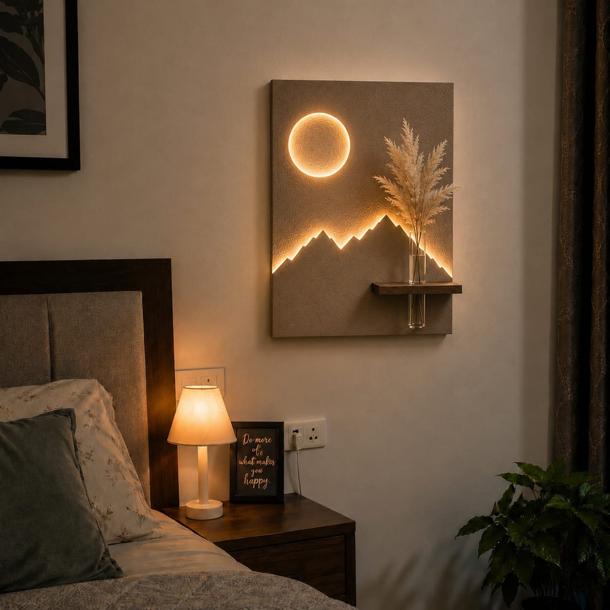 LED Mountain & Moon Wall Decor with Wooden Vase Shelf | Modern Minimalist Wall Art