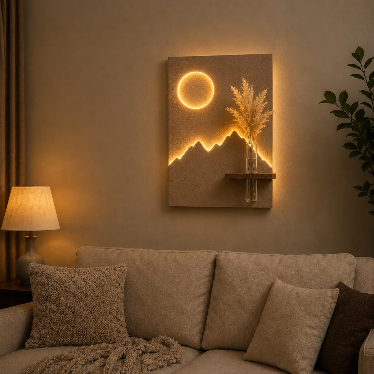 LED Mountain & Moon Wall Decor with Wooden Vase Shelf | Modern Minimalist Wall Art