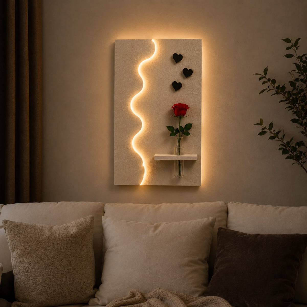 Modern Abstract LED Wall Decor with Wooden Vase Shelf | Minimalist Wall Art