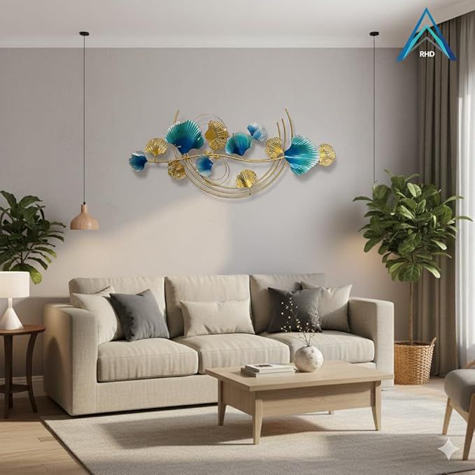 Luxury Blue & Gold Ginkgo Leaf Metal Wall Art