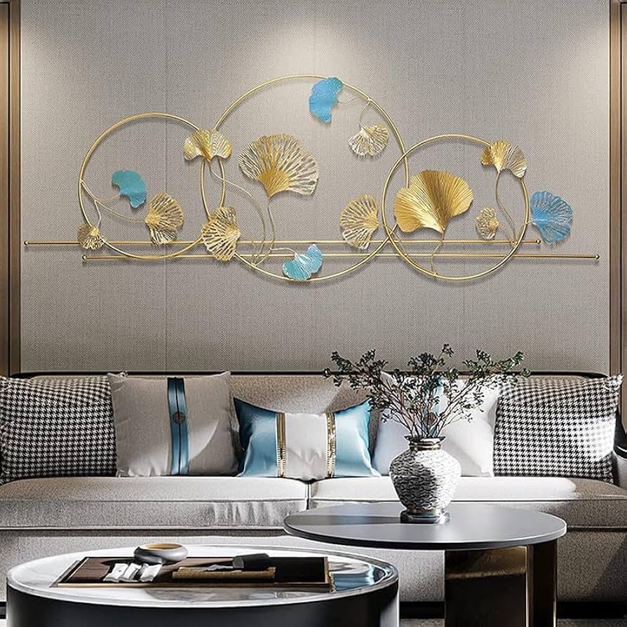 Modern Ginkgo Leaf Metal Wall Art – Gold & Blue