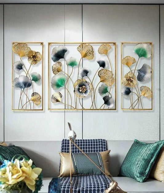 3 Piece Metal Ginkgo Leaf Wall Art | Modern Iron Wall Decor