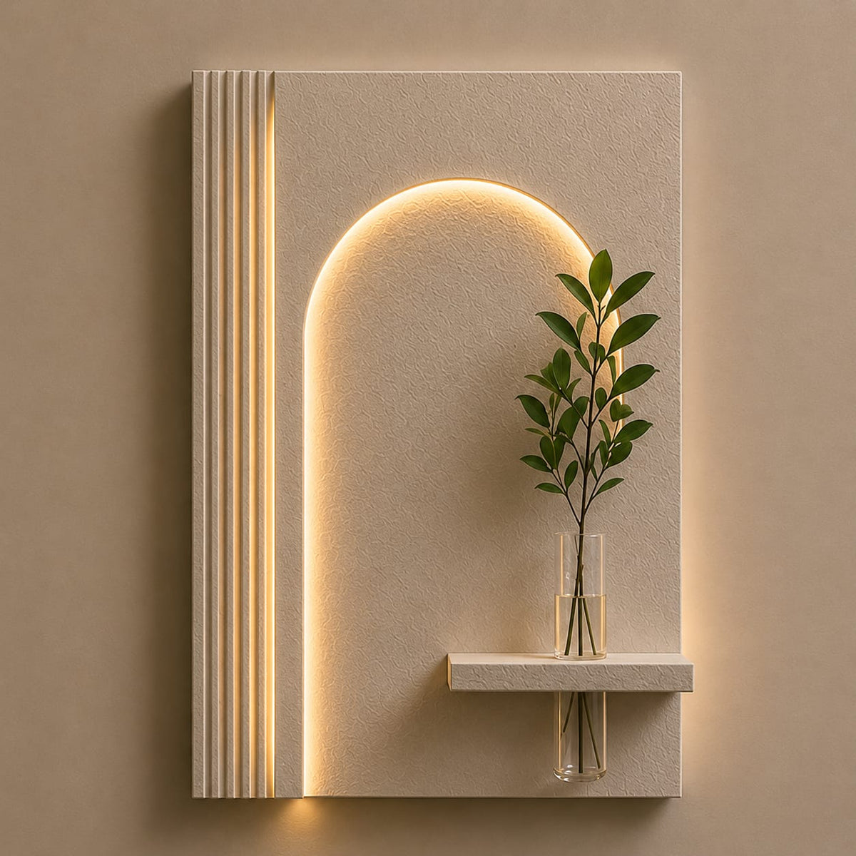Modern LED Arch Wall Decor with Textured Panel & Vase Shelf | Minimalist Wall Art