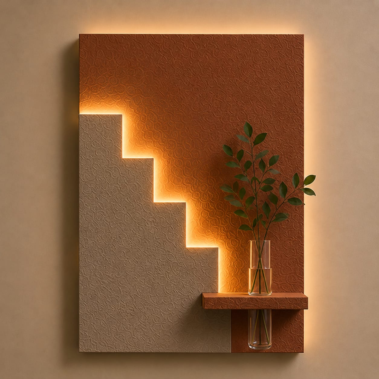 Modern Geometric LED Wall Decor with Wooden Vase Shelf | Contemporary Minimalist Wall Art