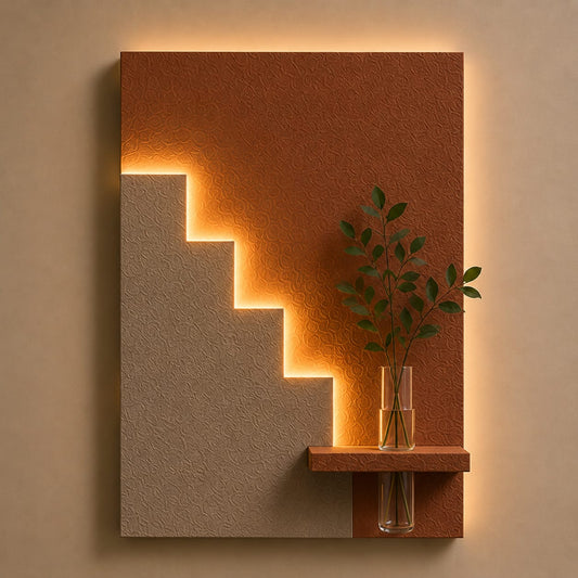 Modern Geometric LED Wall Decor with Wooden Vase Shelf | Contemporary Minimalist Wall Art