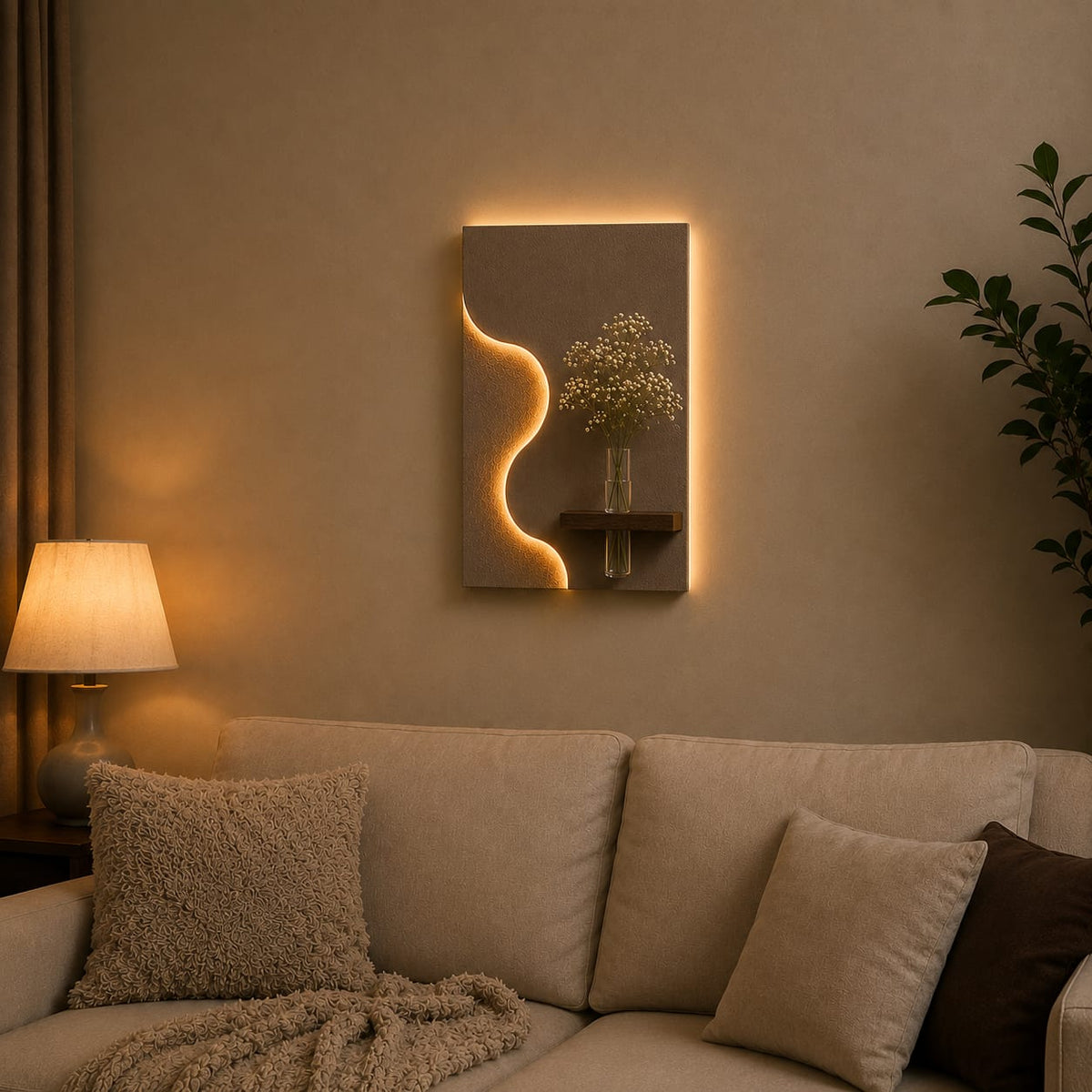 Modern Abstract Wave LED Wall Decor with Wooden Vase Shelf | Minimalist Wall Art
