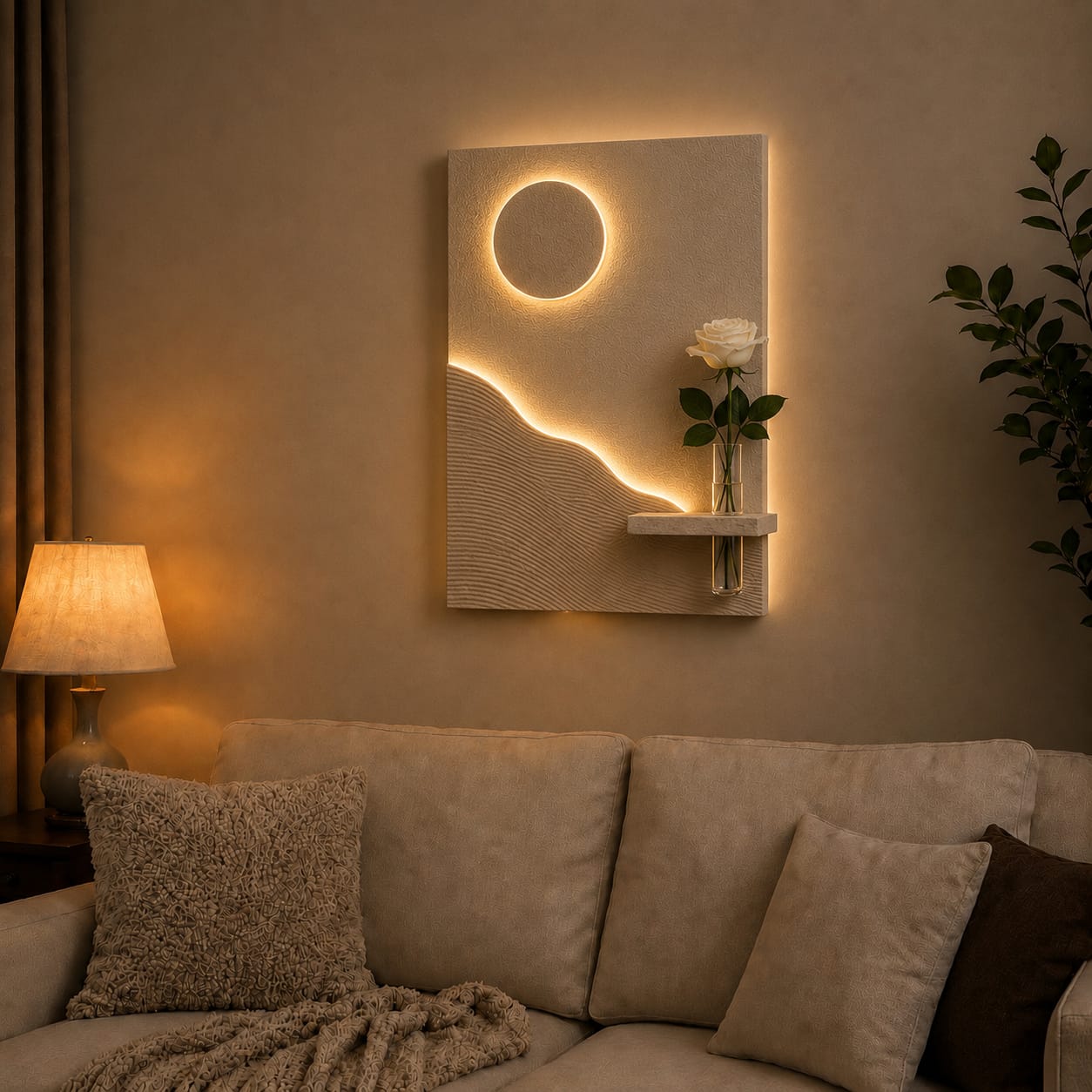 Modern Moon Landscape LED Wall Decor with Vase Shelf | Minimalist Wall Art